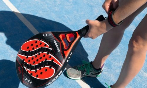 a close up of a person holding a tennis racket